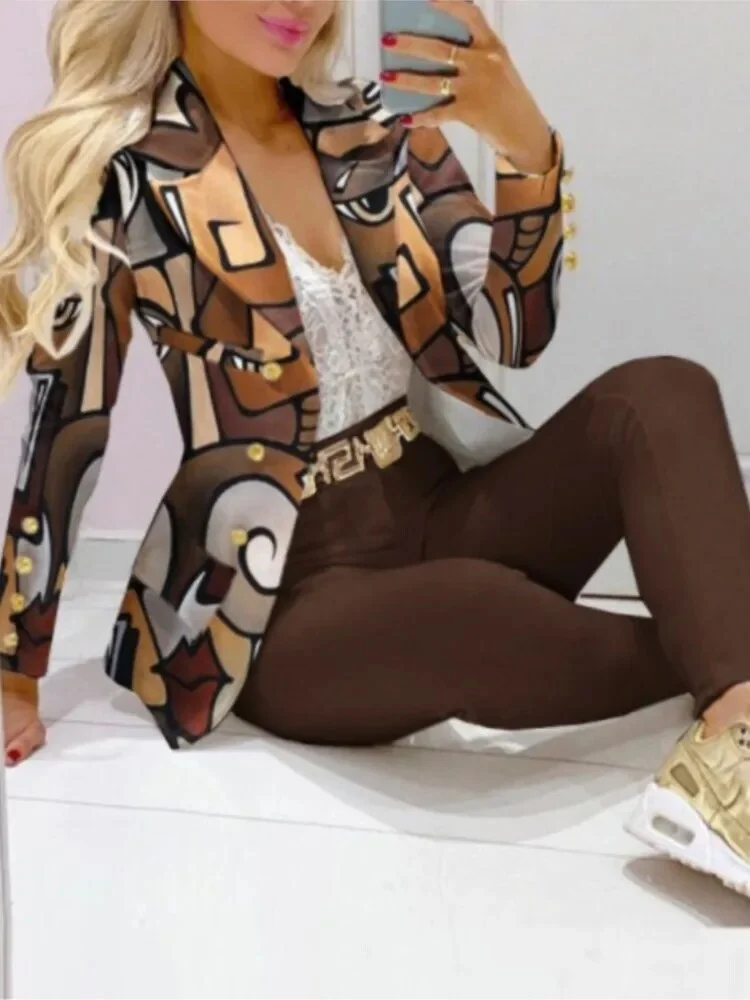 Wongn Winter New Printed Suit Long Sleeve For Women's Suit Fashion Color Matching Slim Elegant Female Office 2 Piece Set 2023