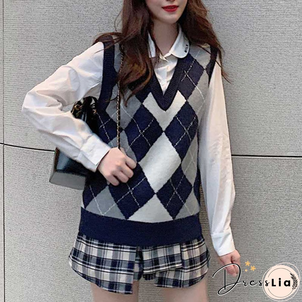 Checkered Cropped Knitted Tank Argyle Sleeveless Jumper