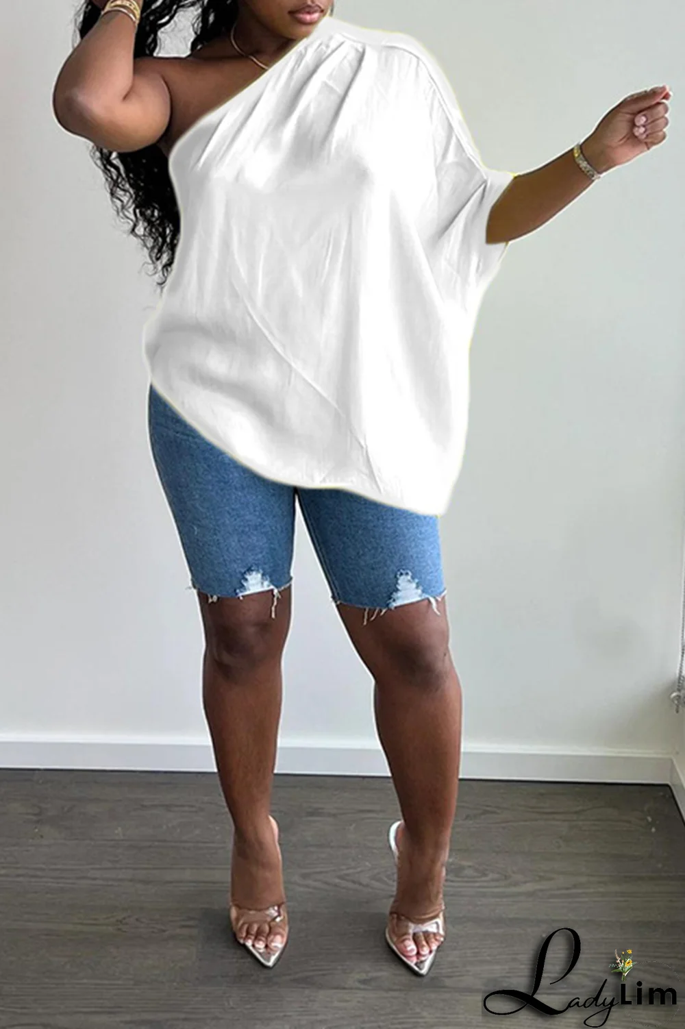 White Fashion Solid Split Joint One Shoulder T-Shirts