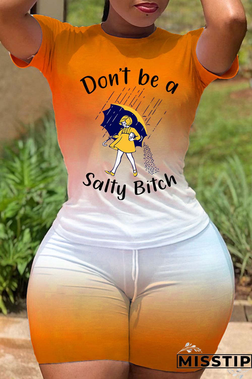 Black Fashion Casual Gradual Change Print Basic O Neck Short Sleeve Two Pieces