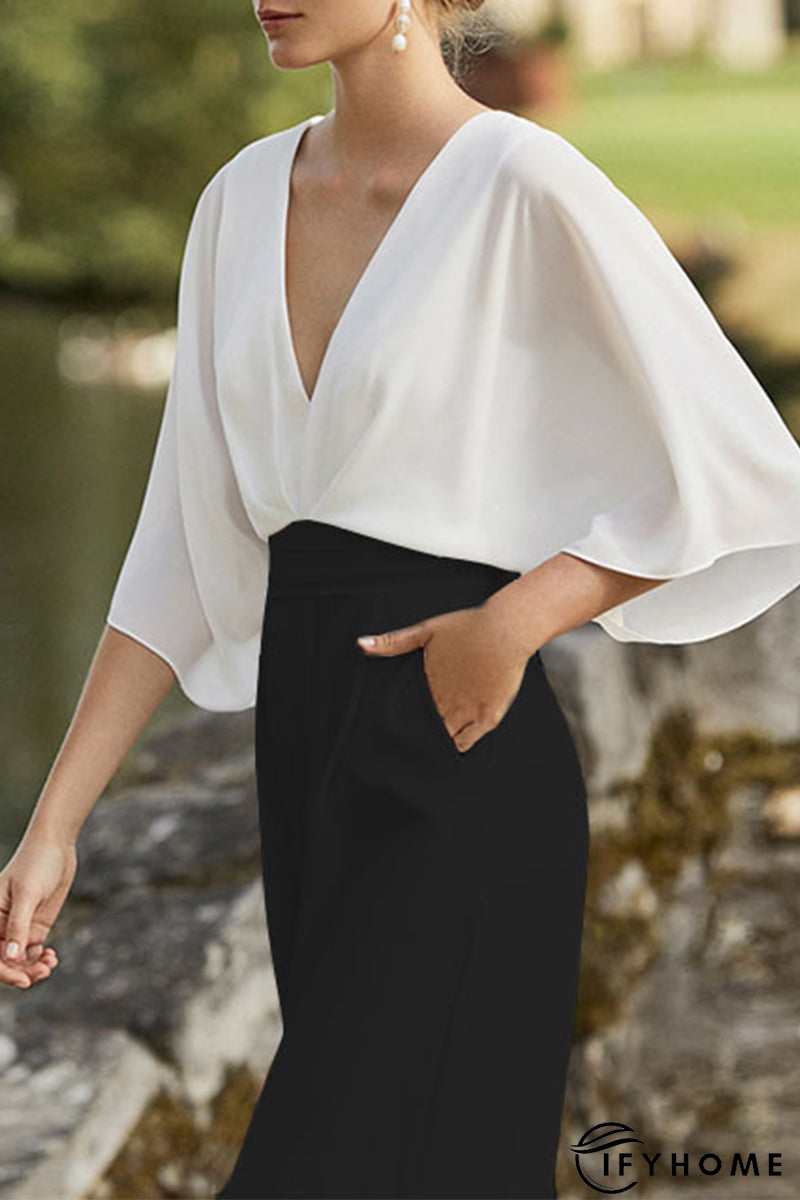 British Style Elegant Color Block Pocket Contrast V Neck Loose Jumpsuits | IFYHOME