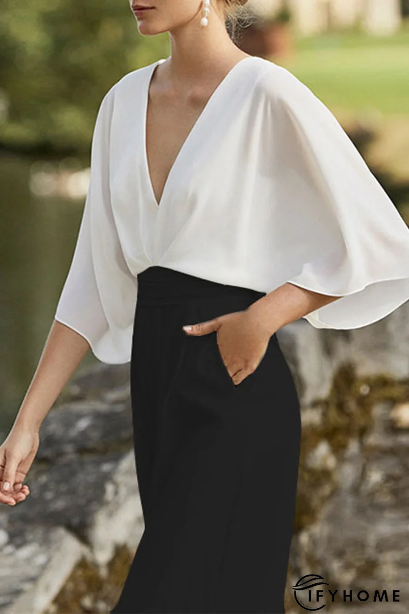 British Style Elegant Color Block Pocket Contrast V Neck Loose Jumpsuits | IFYHOME