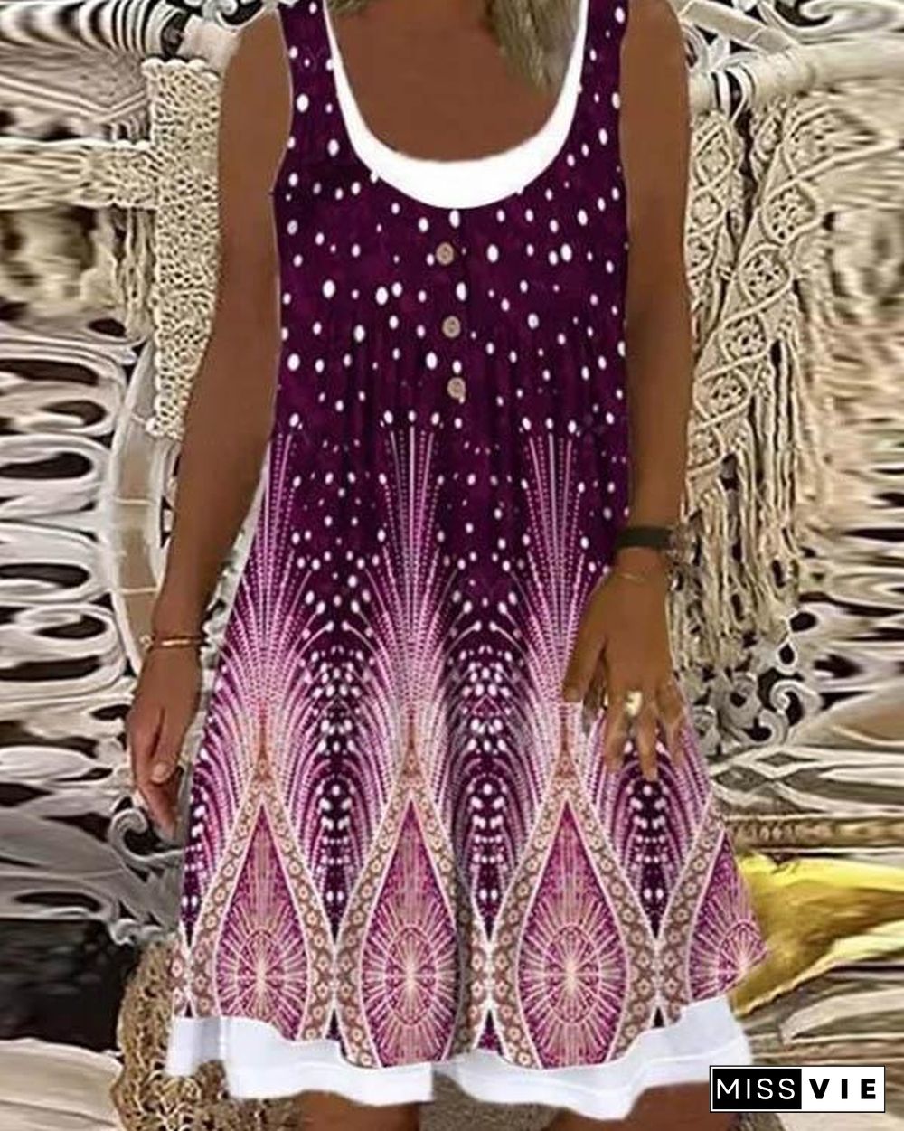 Vintage Feather Print Patchwork Tie Dye Midi Dress