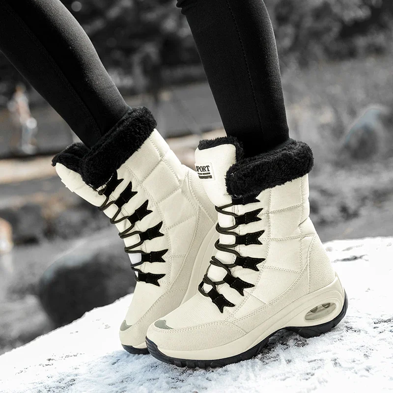 Qengg Women Boots Winter Keep Warm Quality Mid-Calf Snow Boots Ladies Lace-up Comfortable Waterproof Booties Chaussures Femme