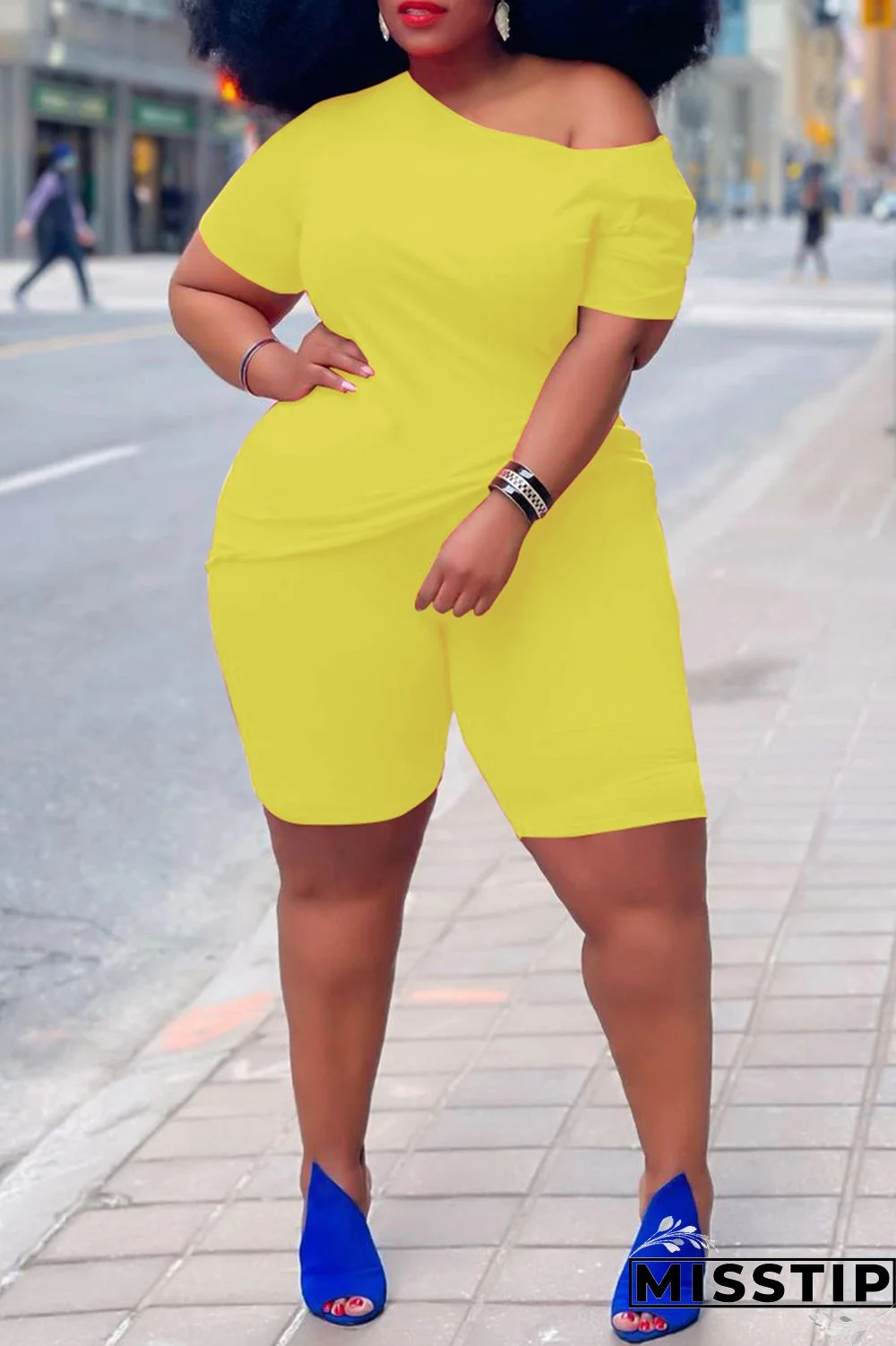 Yellow Fashion Casual Solid Basic Plus Size Two Pieces
