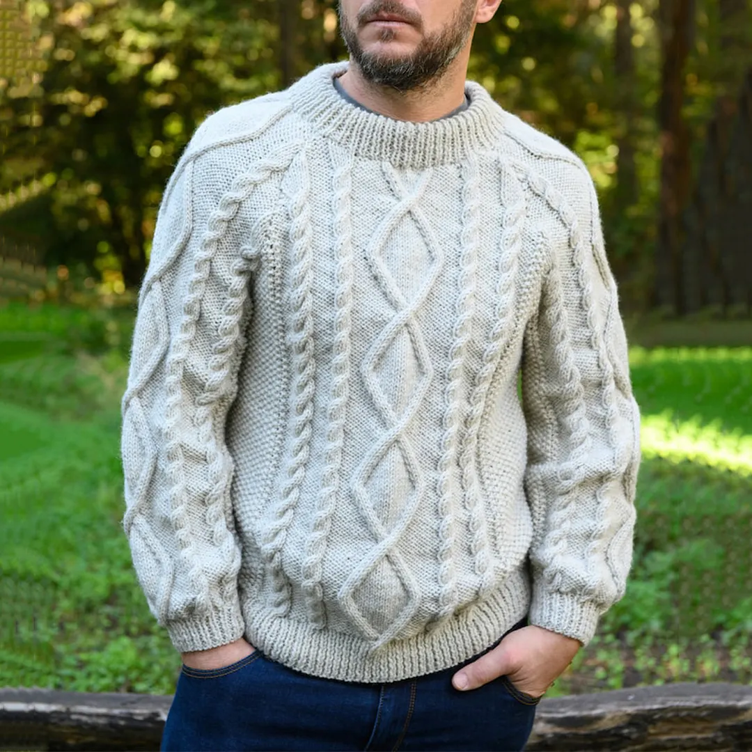 Men'S Aran Knitted Patterned Pullover Sweater