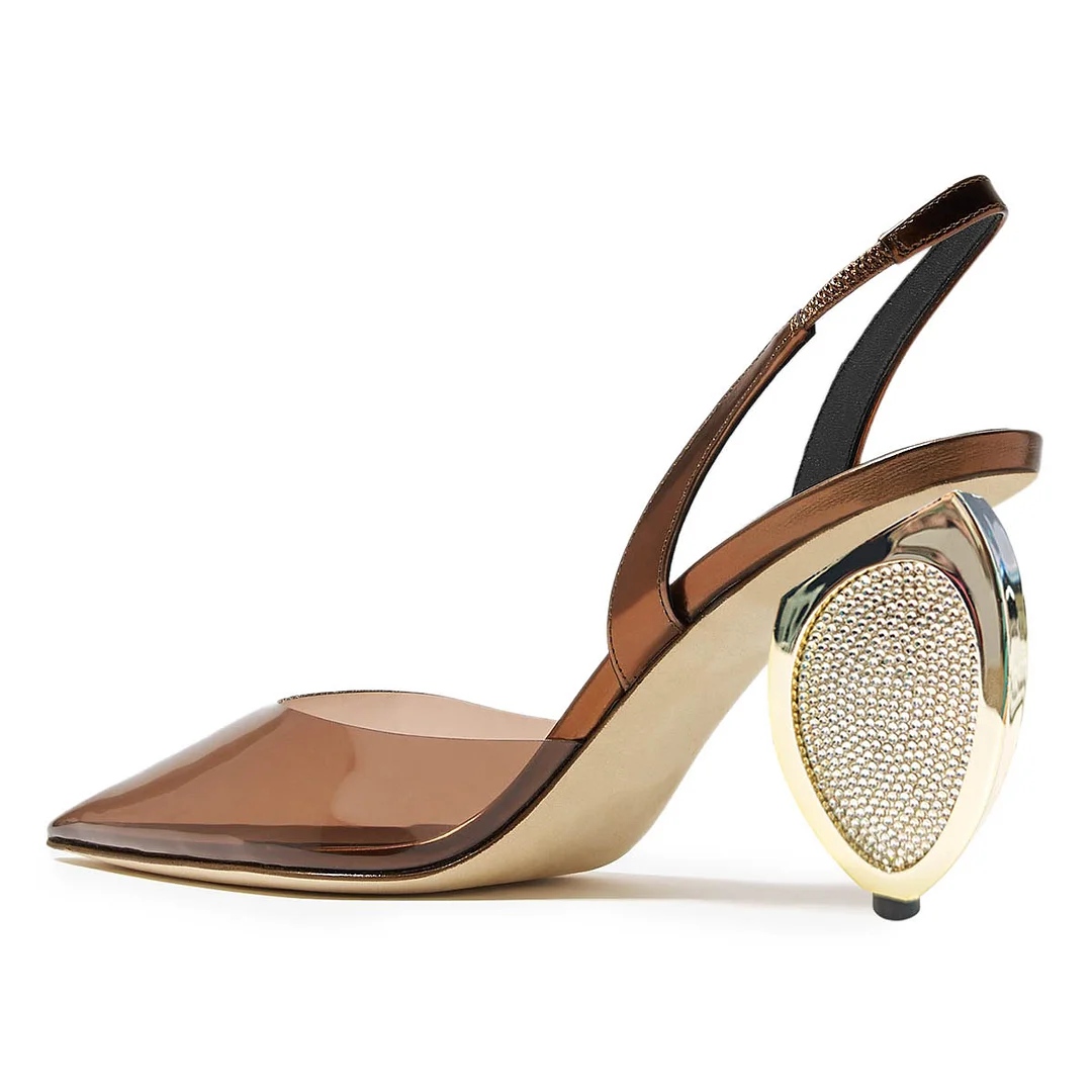 Brown Pointed Toe Slingback Rhinestone Decorative Heel Clear Pumps