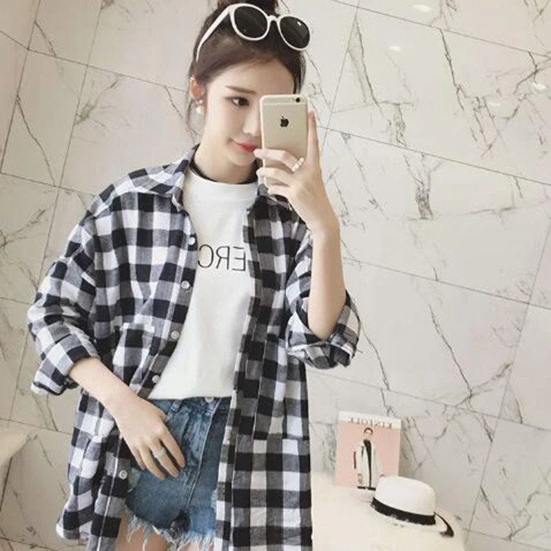 Blouses Women Classic Long Plaid Vintage Simple Student Korean Style Womens Shirts All-match Casual Soft Harajuku Fashion Daily