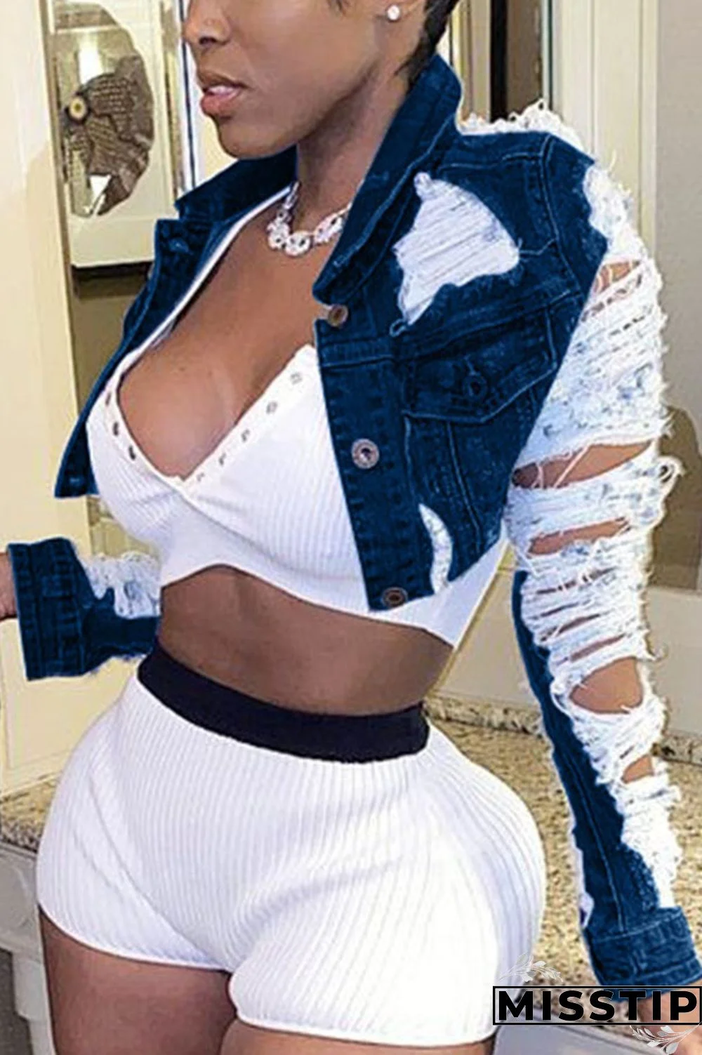 Dark Blue Broken Holes Buttoms Design Denim