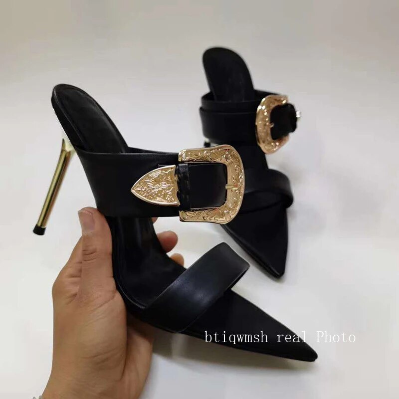 Chic Sandals Women Open Toe Gold Buckle Metal Thin High Heel Shoes Woman Gladiator Sandals