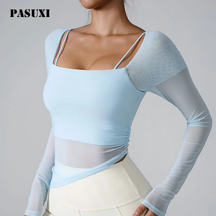 PASUXI Wholesale Women's Cloud-Sense Mesh Fixed Cup Sports Long Sleeve Yoga Suit - Bulk Deals Available huanwei
