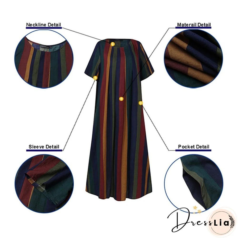 ZANZEA Women Summer Short Sleeve Plus Size Vintage Striped Dresses Long Dress