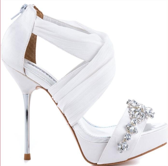 White Wedding Shoes Rhinestone Stiletto Heels Platform Sandals |FSJ Shoes