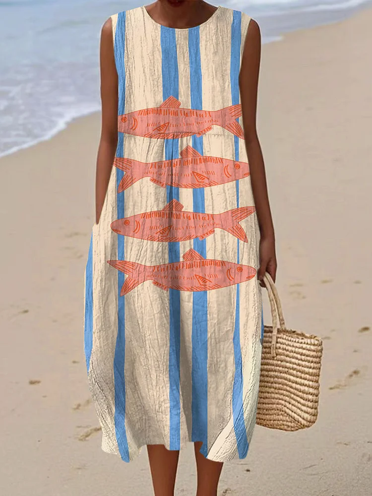 Women's Vintage Fish Art Print Sleeveless Cotton Pocket Wrap Dress