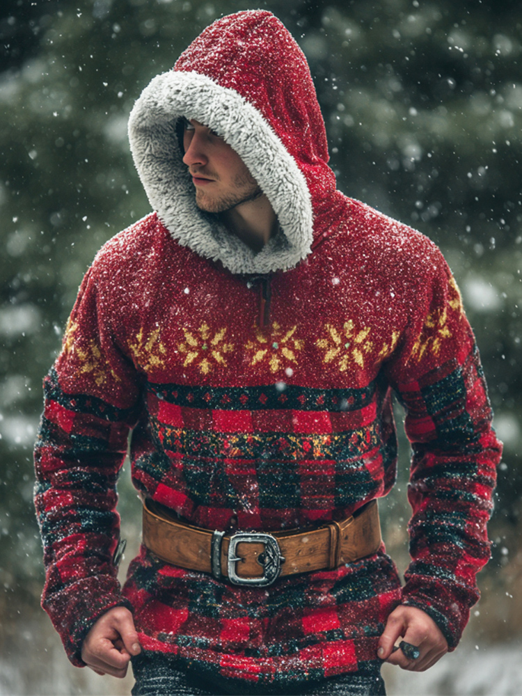Christmas Snowflake Plaid Pattern Men's Hooded Sweater elevenforest