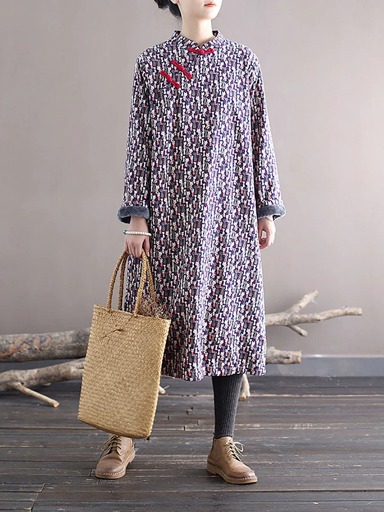 Women Winter Chinese Floral Print Frog Thick Long Dress