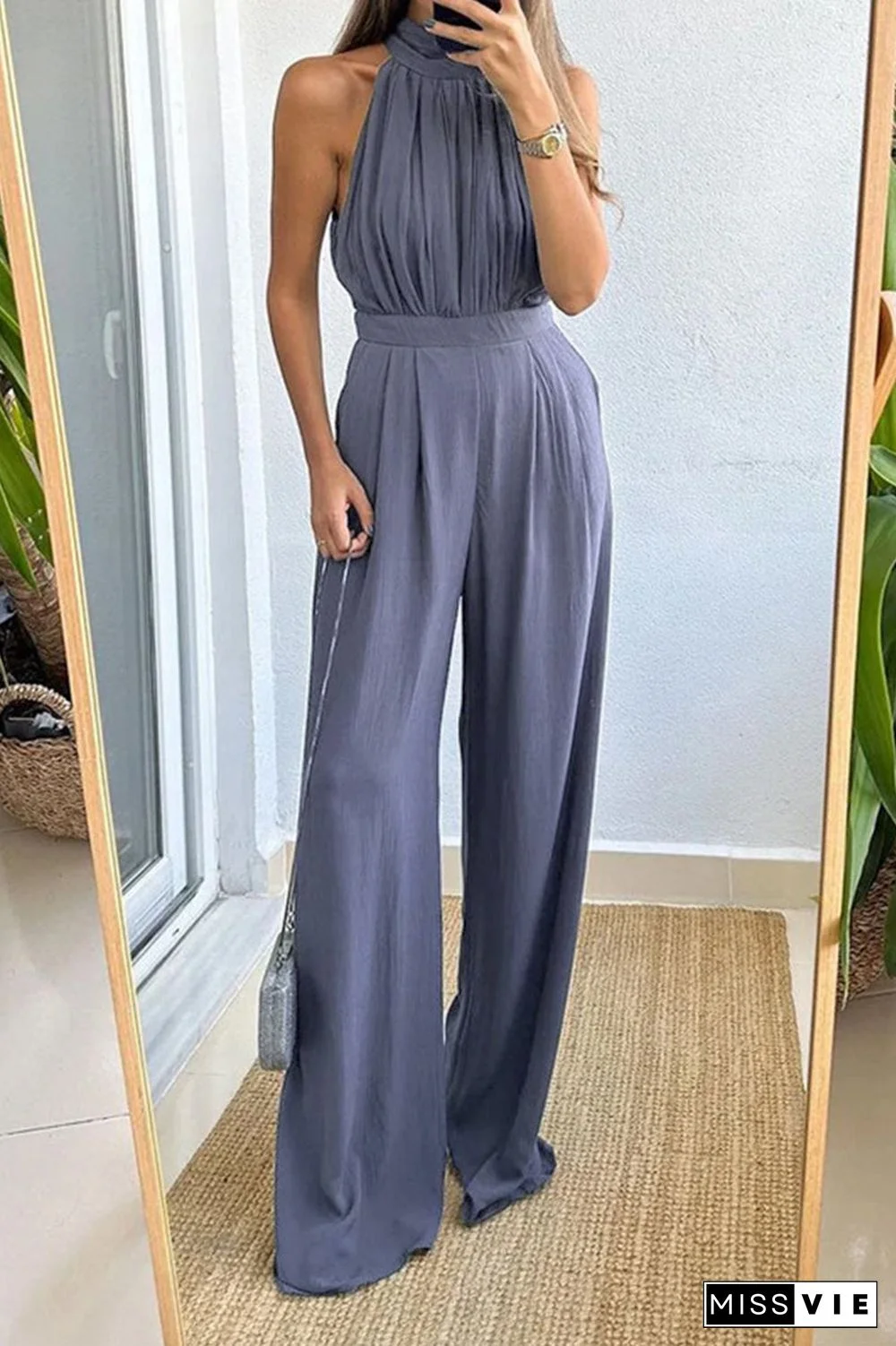 Casual Simplicity Solid Fold Halter Loose Jumpsuits