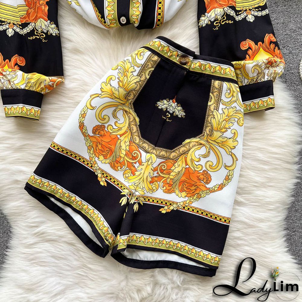 Yellow Fashion Casual Print Patchwork Turndown Collar Long Sleeve Two Pieces