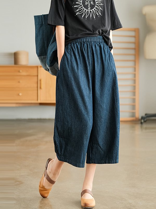 Casual Solid Color Empire Wide-Leg 3/4 Jean Pants