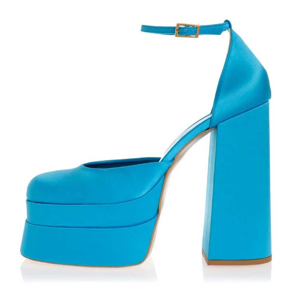 Blue Satin Chunky Heel Ankle Strap Square Toe Platform Pumps