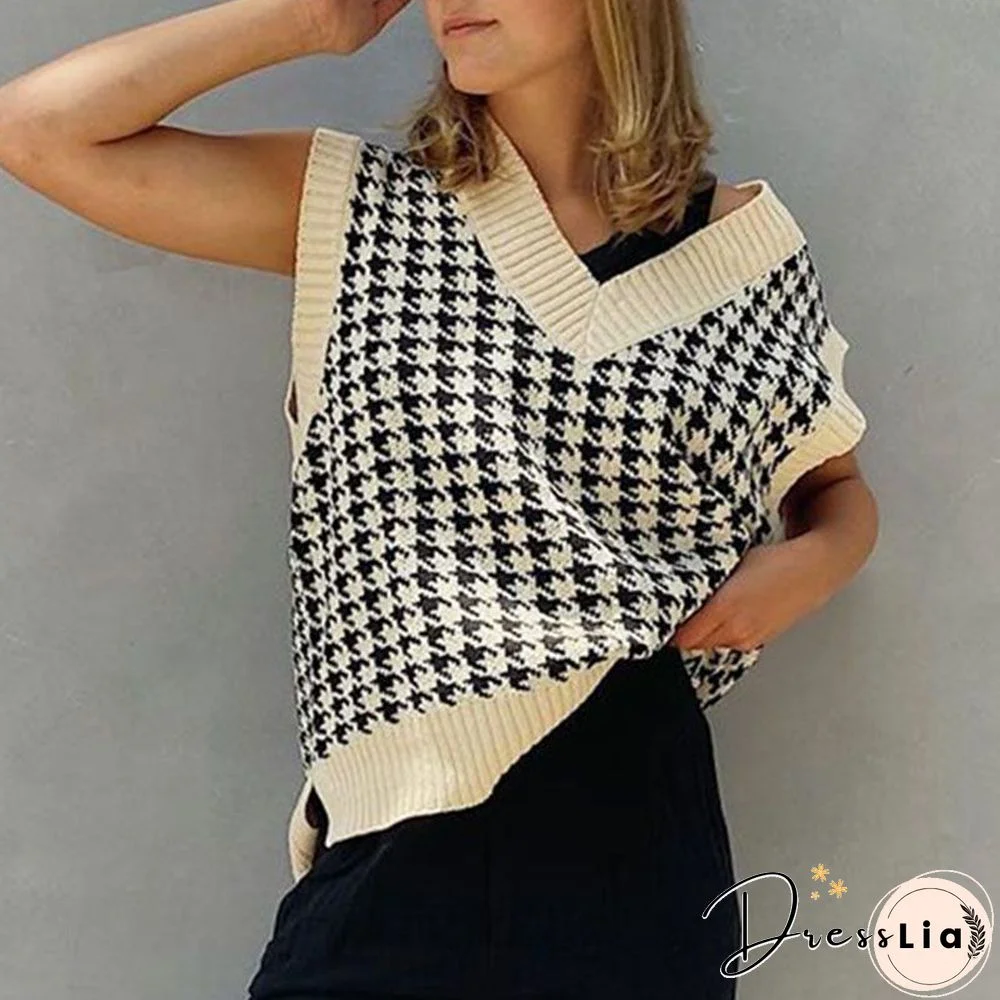 Checkered Cropped Knitted Tank Argyle Sleeveless Jumper