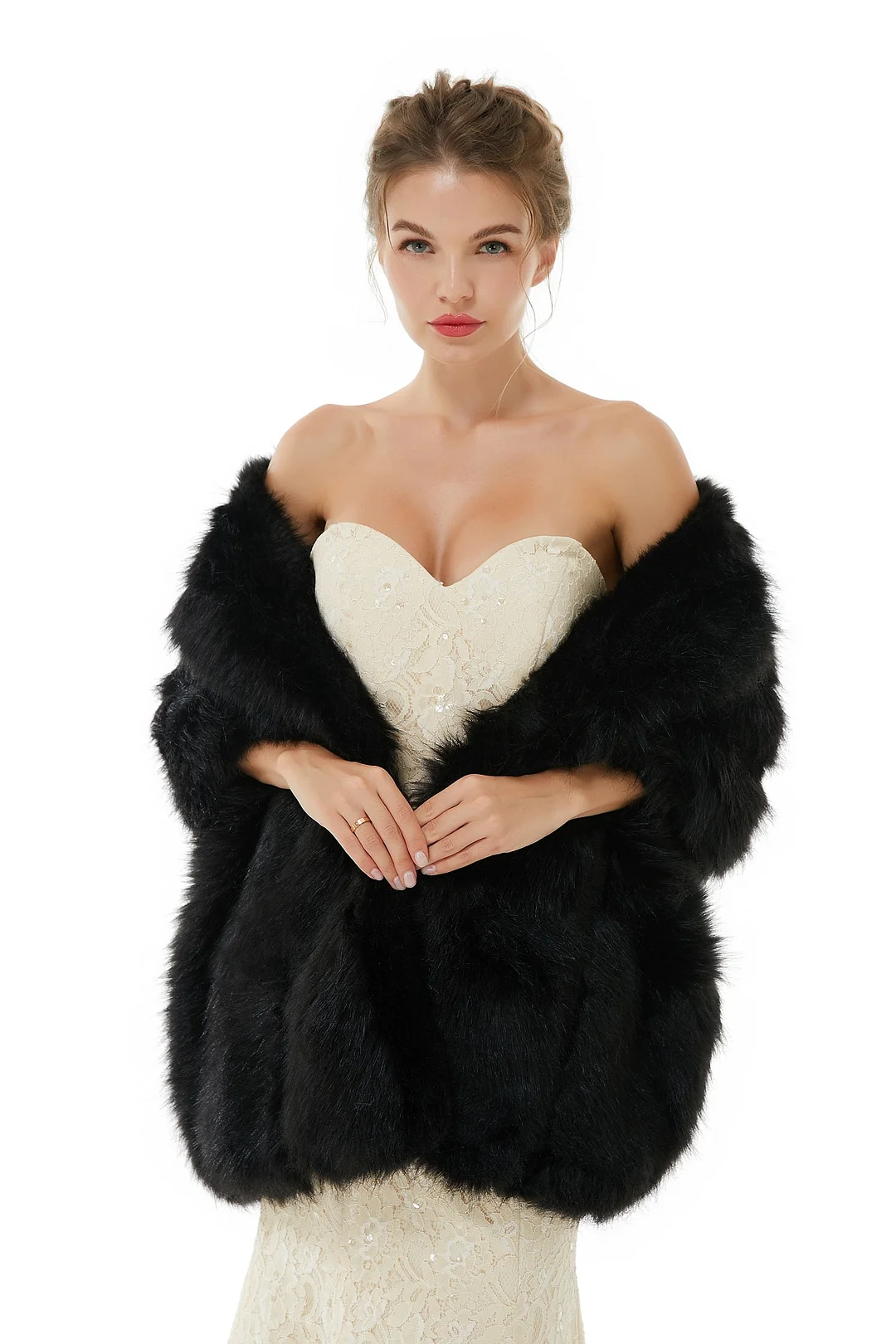 Bellasprom Faux Fur Wedding Wrap For Bride Black Shawl