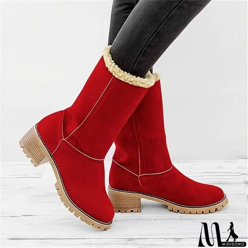 MidiSono - Warm Fur Lining Square Chunky Heel Suede Snow Boots for Women