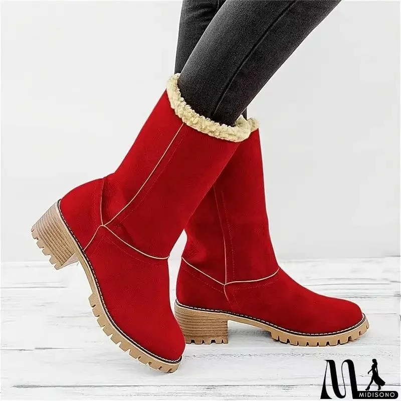 MidiSono - Warm Fur Lining Square Chunky Heel Suede Snow Boots for Women