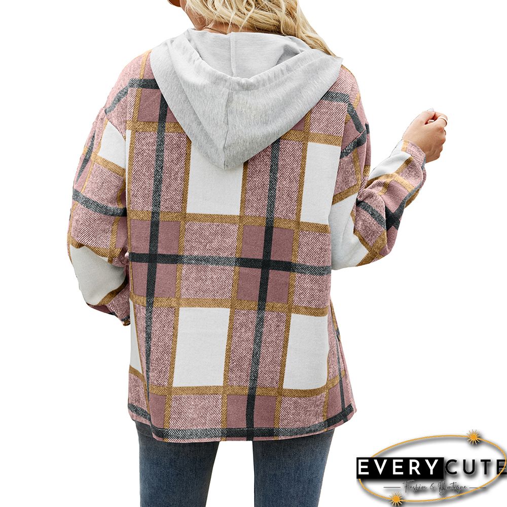 Pink Woolen Plaid Print Hooded Coat with Pocket