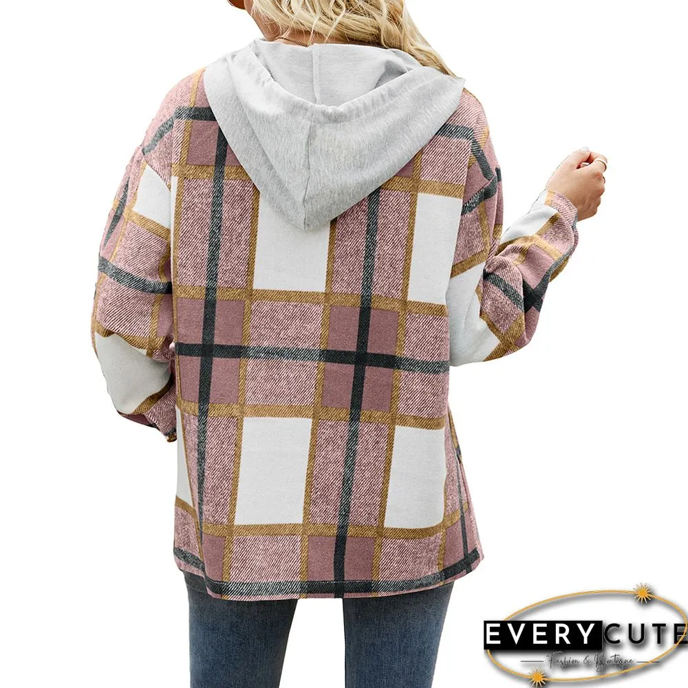Pink Woolen Plaid Print Hooded Coat with Pocket