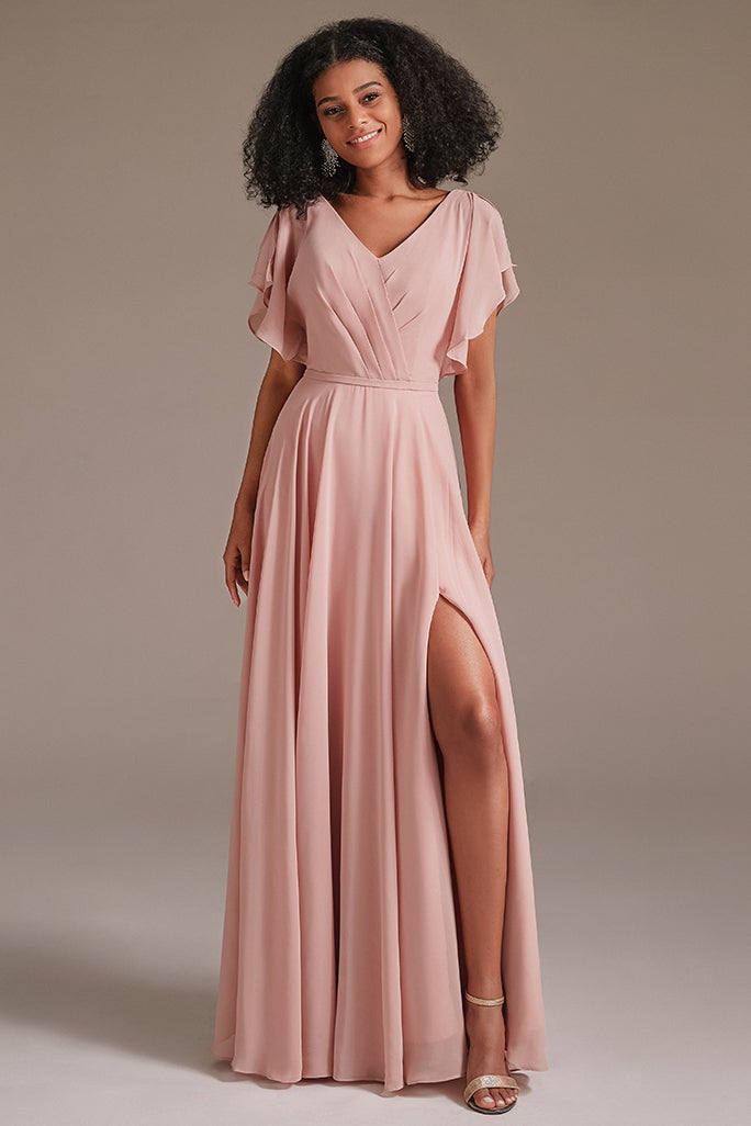 Ruffles Sleeves Chiffon Slit Bridesmaid Dress