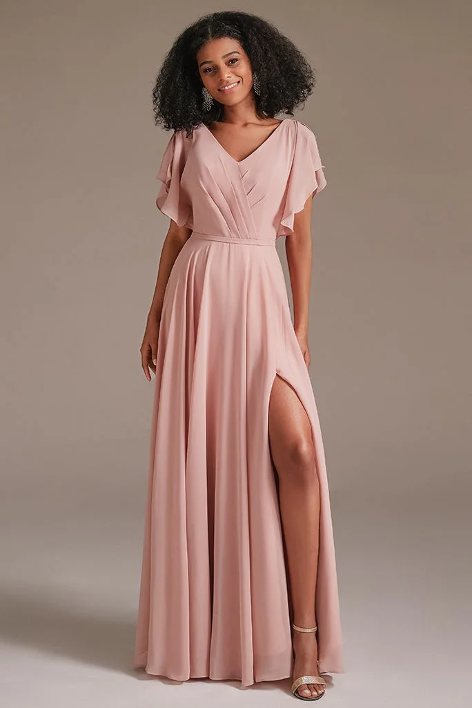 Daisda Ruffles Sleeves Chiffon Pink Bridesmaid Dress