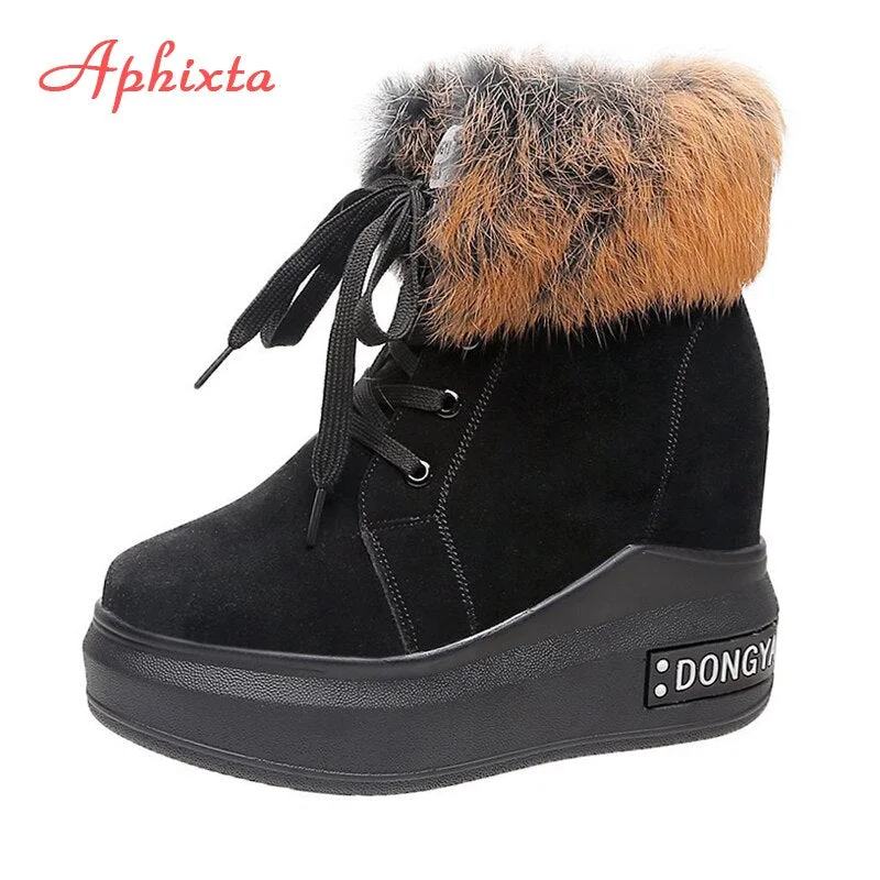 APHIXTA 6cm Height Increasing Ankle Boots For Women Platform Winter Natural Rabbit Fur Shoes Warm Chunky Sole Snow Boots Woman