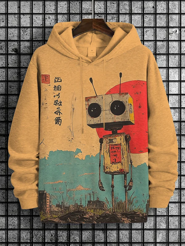 Men's Retro Robot Japanese Art Print Casual Hoodie