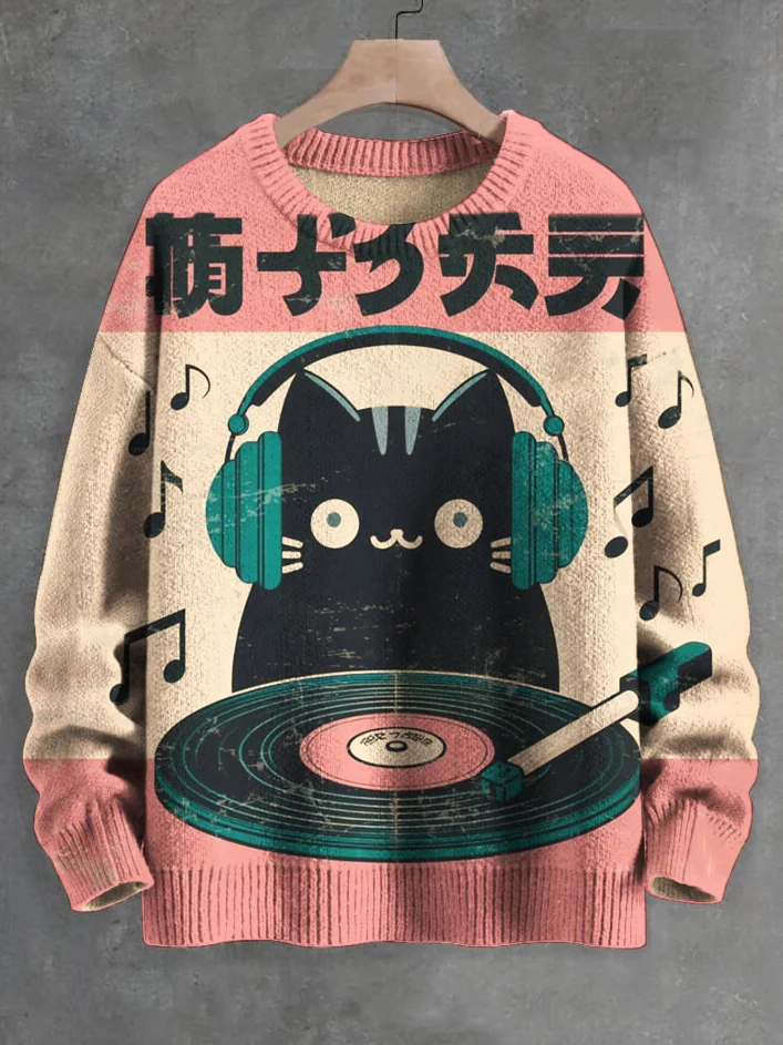 Men's Cute DJ Black Cat Japanese Art Print Knit Sweatshirt