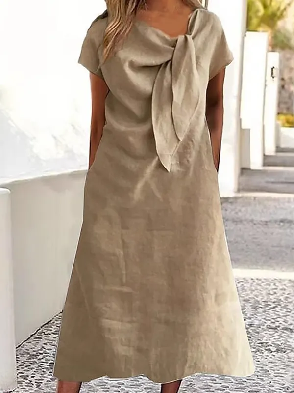 Split-Joint Solid Color Asymmetric Raglan Sleeve Loose Round-neck Midi Dresses KHAKI-2XL