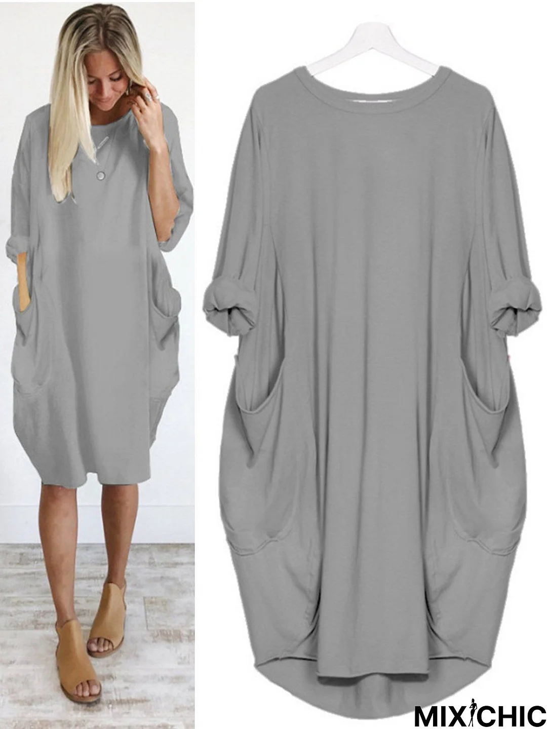 Batwing Sleeve Casual Solid Loose Crew Neck Midi Dress