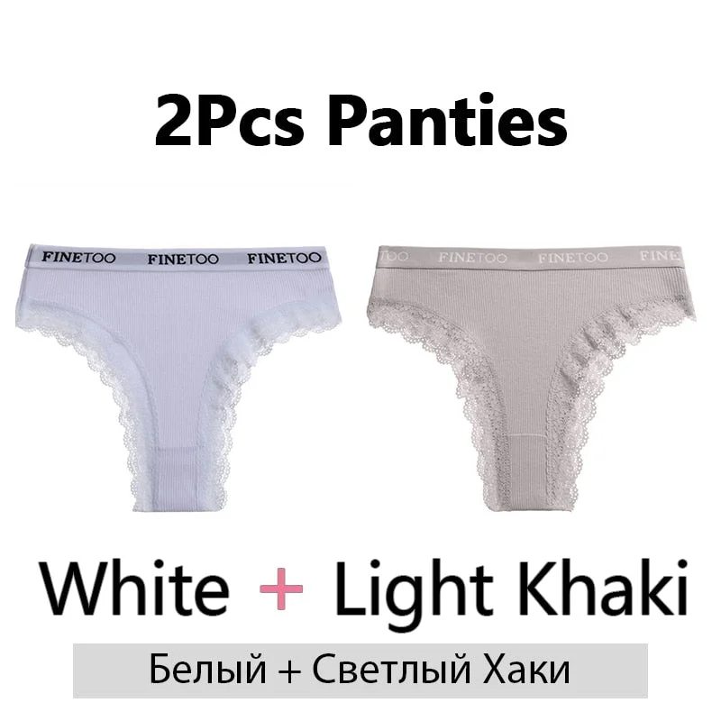 FINETOO 2Pcs/Set Cotton Panties for Women Sexy Ladies Lace G-string Solid Color Thongs Girls Plus Size M-2XL Underwear Lingerie