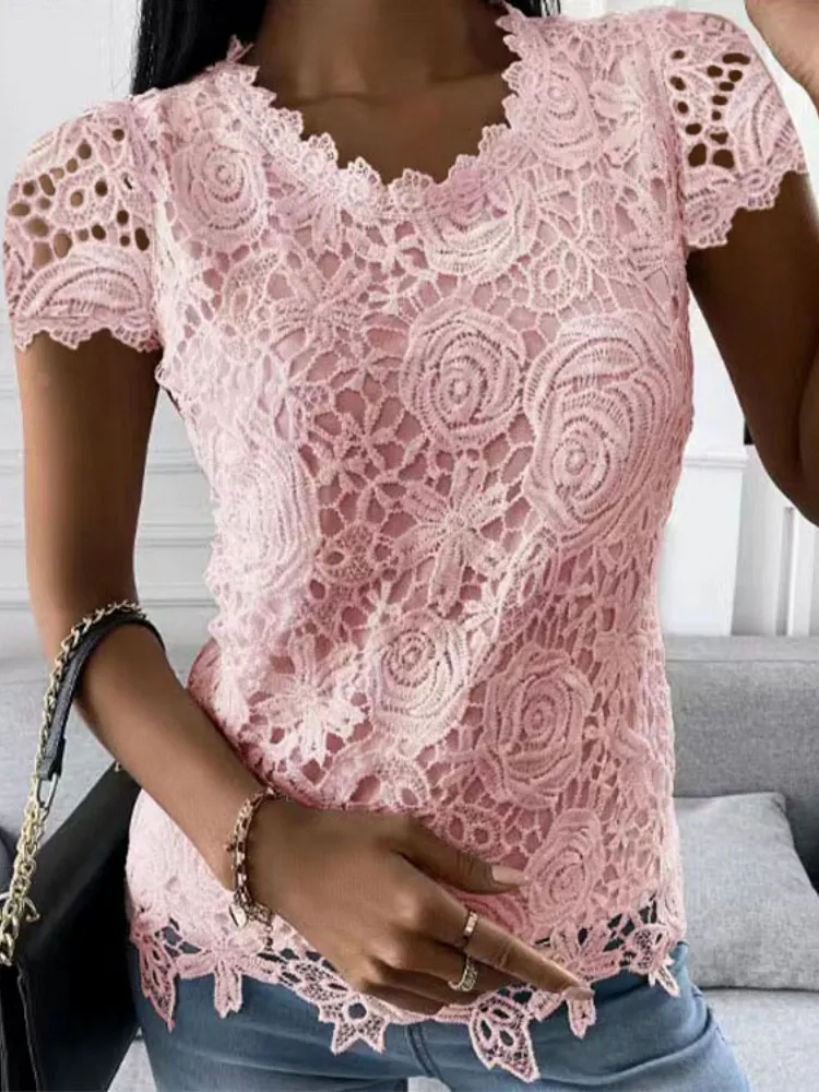 Lace Trim Crew Neck Short-sleeved T-shirt