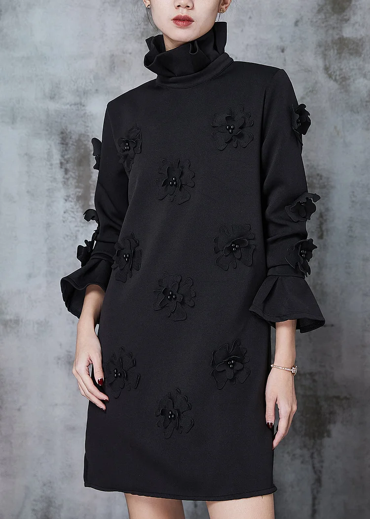 Women Black Turtle Neck Floral Cotton Dress Flare Sleeve