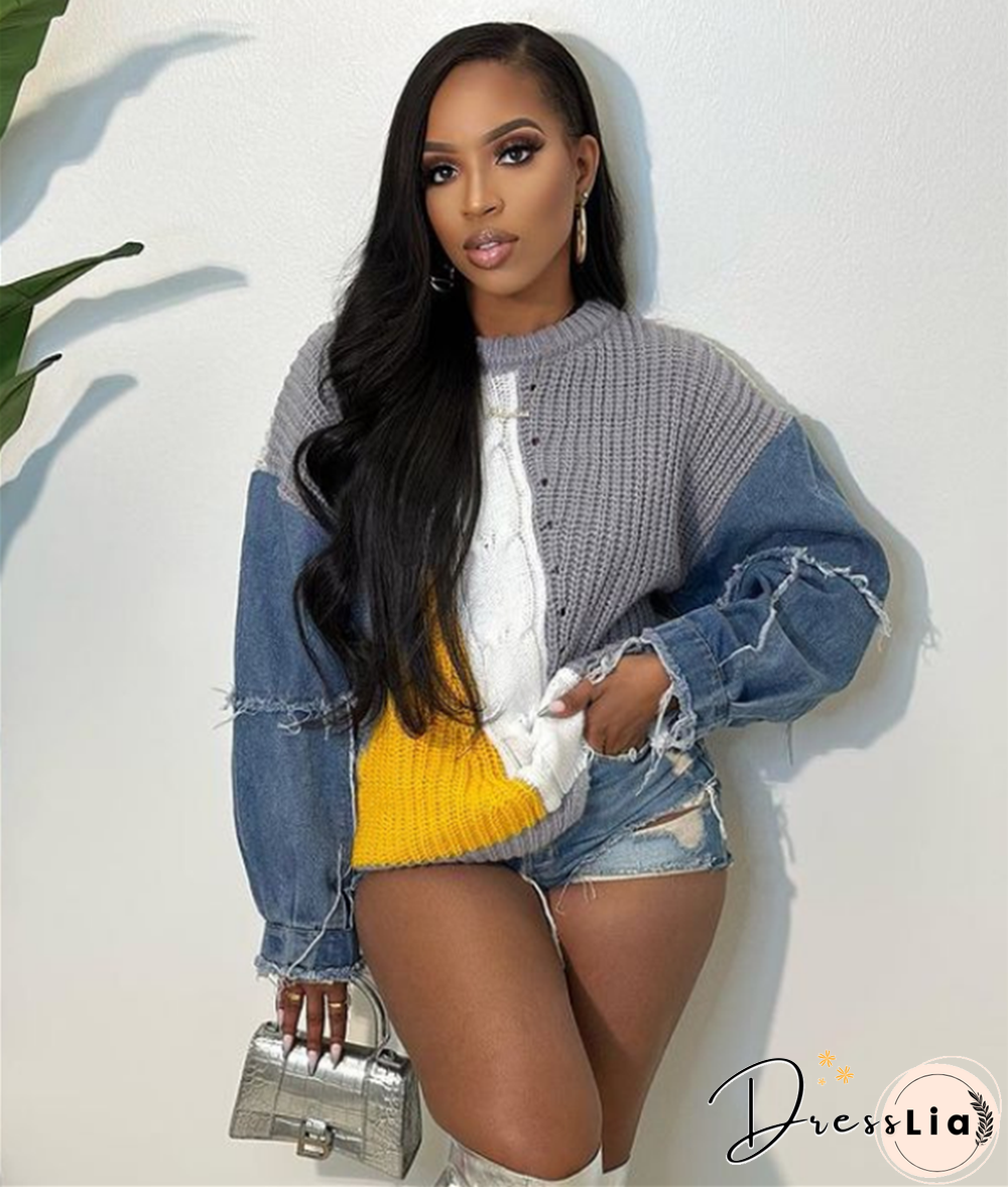 Contrast Color Denim Patchwork Long Sleeve Sweaters