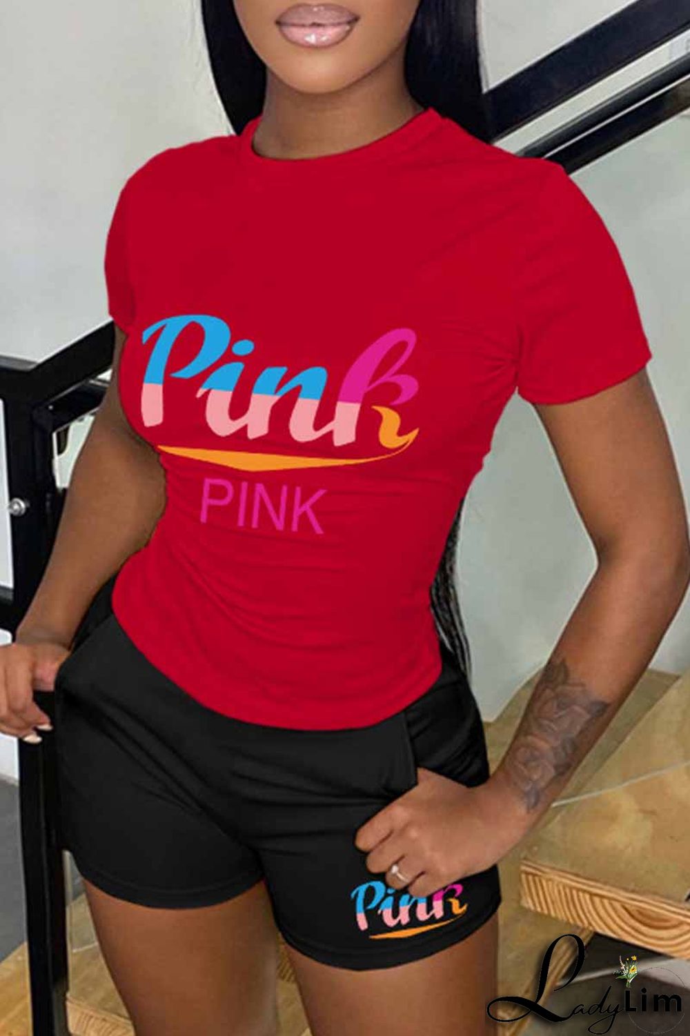 Pink Casual Print Letter O Neck Short Sleeve Two Pieces