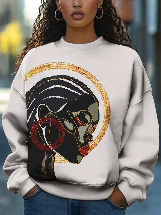 Women's Abstract Art Black Woman Portrait Print Casual Sweatshirt