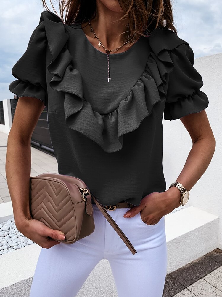 Casual Solid Color Ruffle Short Puff Sleeve Blouse P1719743