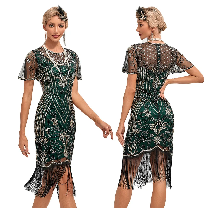 Great Gatsby 1920s Sequined Tassels Flapper Cape  Dress Women  Midi Prom Dresses Novameme
