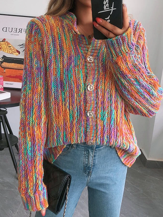 Women's Fashionable Rainbow Contrast Design Sweater Jacket