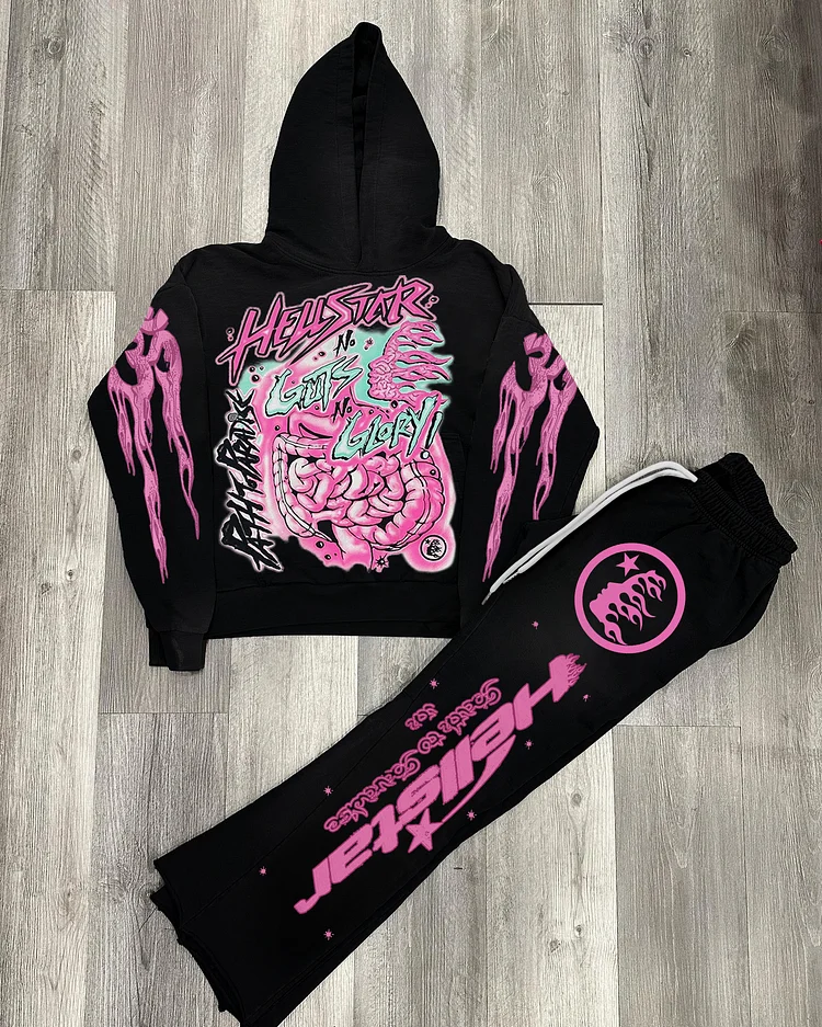 Vintage The Future Pink Graphic Street Hip Hop Sweatsuits Hoodie & Flared Trousers Two Piece Set