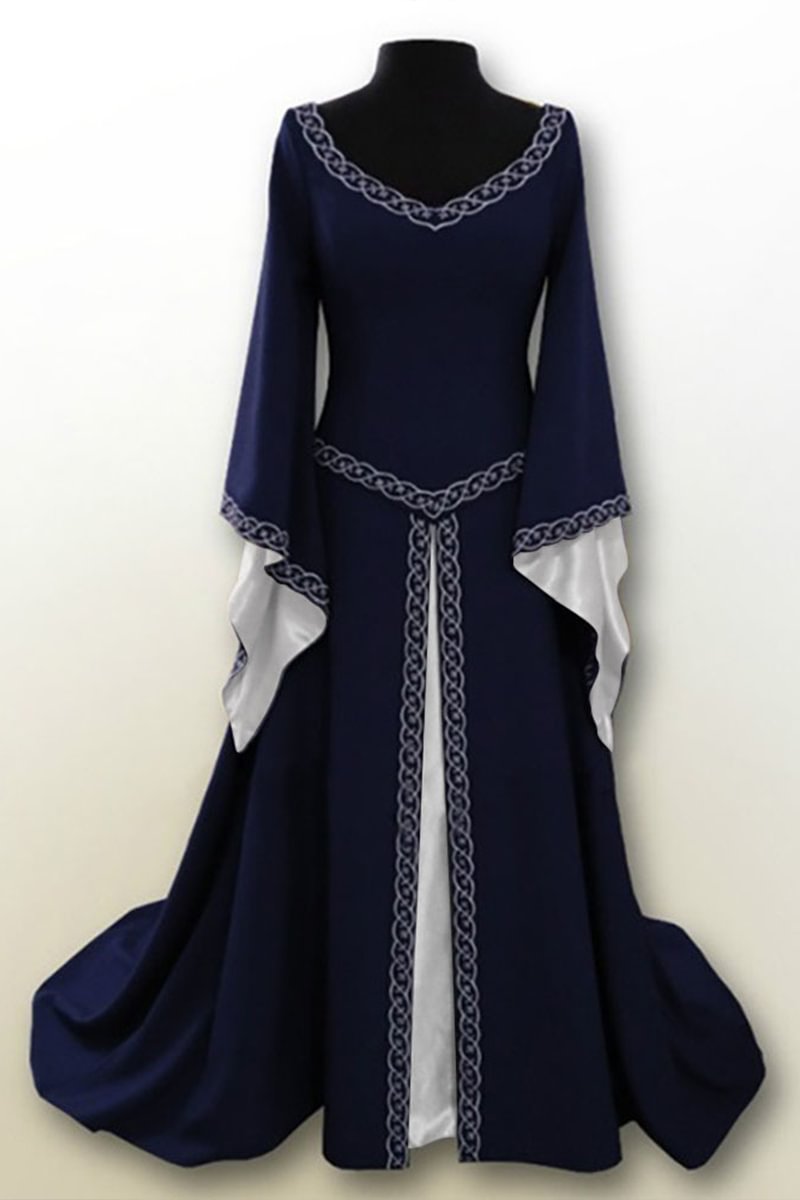 Medieval Retro Dark Blue Long Sleeve Embroidery Round Neck  Maxi Dress