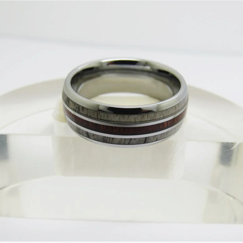 8MM Sliver Tungsten With Full Arc Polished With Deer Antler On Both Sides And Mahogany In The Middle Wedding Bands