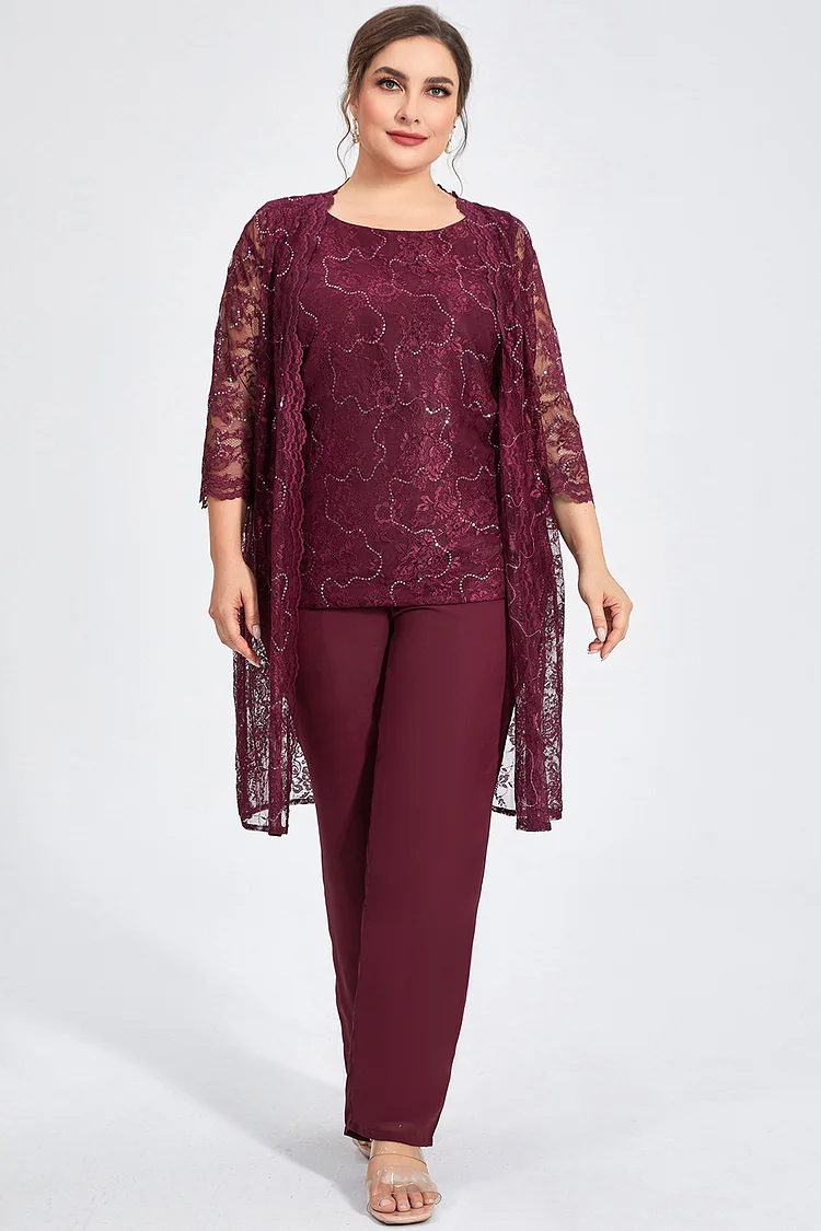 Flycurvy Plus Size Formal Burgundy Sparkly Jacket Three Piece Pant Suit  Flycurvy [product_label]